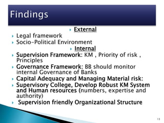  External
 Legal framework
 Socio-Political Environment
 Internal
 Supervision Framework: KM , Priority of risk ,
Principles
 Governance Framework: BB should monitor
internal Governance of Banks
 Capital Adequacy and Managing Material risk:
 Supervisory College, Develop Robust KM System
and Human resources (numbers, expertise and
authority)
 Supervision friendly Organizational Structure
13
 