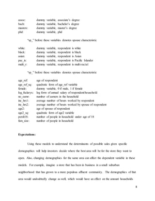 8
assoc: dummy variable, associate’s degree
bach: dummy variable, bachelor’s degree
masters: dummy variable, master’s degree
phd: dummy variable, phd
“sp_” before these variables denotes spouse characteristic
white: dummy variable, respondent is white
black: dummy variable, respondent is black
asian: dummy variable, respondent is Asian
pac_is: dummy variable, respondent is Pacific Islander
multi_r: dummy variable, respondent is multi-racial
“sp_” before these variables denotes spouse characteristic
age_ref: age of respondent
age_ref_sq: quadratic form of age_ref variable
female: dummy variable, 0 if male, 1 if female
log_fsalaryx: log form of annual salary of respondent/household
no_earnr: number of earners in the household
inc_hrs1: average number of hours worked by respondent
inc_hrs2: average number of hours worked by spouse of respondent
age2: age of spouse of respondent
age2_sq: quadratic form of age2 variable
perslt18: number of people in household under age of 18
fam_size: number of people in household
Expectations:
Using these models to understand the determinants of possible sales given specific
demographics will help investors decide where the best area will be for the store they want to
open. Also, changing demographics for the same area can affect the dependent variable in these
models. For example, imagine a store that has been in business in a small suburban
neighborhood that has grown to a more populous affluent community. The demographics of that
area would undoubtedly change as well, which would have an effect on the amount households
 