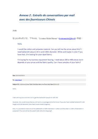 Annexe 2 : Extraits de conversations par mail
avec des fournisseurs Chinois
 
