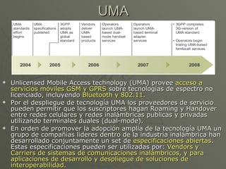 UMA



   Unlicensed Mobile Access technology (UMA) provee acceso a
    servicios móviles GSM y GPRS sobre tecnologías de espectro no
    licenciado, incluyendo Bluetooth y 802.11.
   Por el despliegue de tecnología UMA los proveedores de servicio
    pueden permitir que los suscriptores hagan Roaming y Handover
    entre redes celulares y redes inalámbricas publicas y privadas
    utilizando terminales duales (dual-mode).
   En orden de promover la adopción amplia de la tecnología UMA un
    grupo de compañías lideres dentro de la industria inalámbrica han
    desarrollado conjuntamente un set de especificaciones abiertas.
    Estas especificaciones pueden ser utilizadas por: Vendors y
    Carriers de sistemas de comunicaciones inalámbricos, y para
    aplicaciones de desarrollo y despliegue de soluciones de
    interoperabilidad.
 