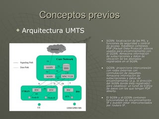 Conceptos previos
   Arquitectura UMTS
                        •   SGSN: localización de las MS, y
                            funciones de seguridad y control
                            de acceso. Establece contextos
                            PDP (Packet Data Protocol) activos
                            usados para encaminamiento con
                            el GGSN. Almacena información
                            de subscripciones y datos de
                            ubicación de los abonados
                            registrados en el SGSN.

                        •   GGSN: proporciona interconexión
                            con redes externas con
                            conmutación de paquetes.
                            Almacena información de
                            subscripciones y datos de
                            encaminamiento (e.g. la dirección
                            del SGSN donde esta registrado)
                            para establecer un túnel de tráfico
                            de datos con los que tengan PDP
                            abierto.

                        •   El SGSN y el GGSN contienen
                            funcionalidad de encaminamiento
                            IP y pueden estar interconectados
                            por routers IP.
 