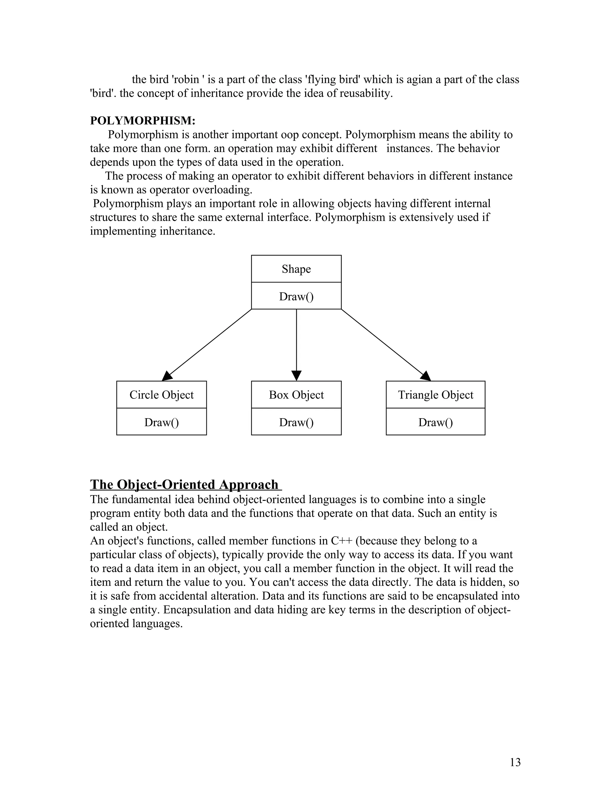 the bird 'robin ' is a part of the class 'flying bird' which is agian a part of the class
'bird'. the concept of inheritance provide the idea of reusability.
POLYMORPHISM:
Polymorphism is another important oop concept. Polymorphism means the ability to
take more than one form. an operation may exhibit different instances. The behavior
depends upon the types of data used in the operation.
The process of making an operator to exhibit different behaviors in different instance
is known as operator overloading.
Polymorphism plays an important role in allowing objects having different internal
structures to share the same external interface. Polymorphism is extensively used if
implementing inheritance.
The Object-Oriented Approach
The fundamental idea behind object-oriented languages is to combine into a single
program entity both data and the functions that operate on that data. Such an entity is
called an object.
An object's functions, called member functions in C++ (because they belong to a
particular class of objects), typically provide the only way to access its data. If you want
to read a data item in an object, you call a member function in the object. It will read the
item and return the value to you. You can't access the data directly. The data is hidden, so
it is safe from accidental alteration. Data and its functions are said to be encapsulated into
a single entity. Encapsulation and data hiding are key terms in the description of object-
oriented languages.
13
Shape
Draw()
Circle Object
Draw()
Box Object
Draw()
Triangle Object
Draw()
 