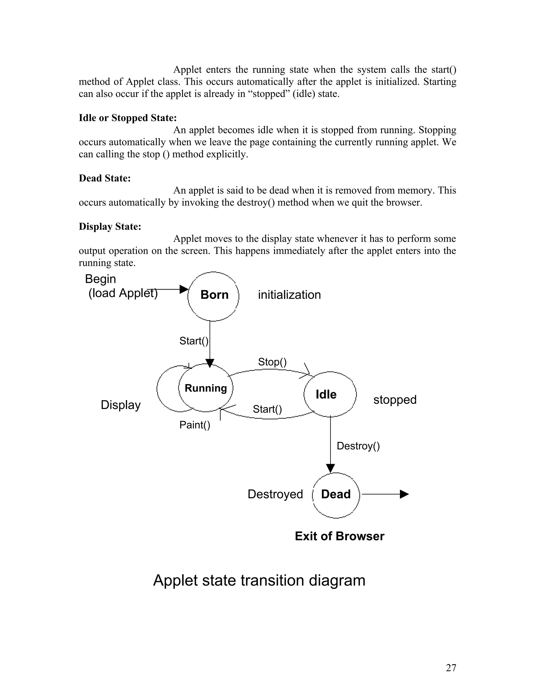 Applet enters the running state when the system calls the start()
method of Applet class. This occurs automatically after the applet is initialized. Starting
can also occur if the applet is already in “stopped” (idle) state.
Idle or Stopped State:
An applet becomes idle when it is stopped from running. Stopping
occurs automatically when we leave the page containing the currently running applet. We
can calling the stop () method explicitly.
Dead State:
An applet is said to be dead when it is removed from memory. This
occurs automatically by invoking the destroy() method when we quit the browser.
Display State:
Applet moves to the display state whenever it has to perform some
output operation on the screen. This happens immediately after the applet enters into the
running state.
27
Stop()
Start()
Paint()
Display
Born
Dead
Running
Idle
Begin
(load Applet) initialization
Start()
stopped
Destroy()
Destroyed
Exit of Browser
Applet state transition diagram
 