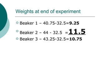 Weights at end of experiment
 Beaker 1 – 40.75-32.5=9.25

Beaker 2 – 44 - 32.5 =11.5
 Beaker 3 – 43.25-32.5=10.75
 