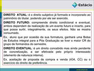 DIREITO ATUAL: é o direito subjetivo já formado e incorporado ao
patrimônio do titular, podendo por ele ser exercido.
DIREITO FUTURO: compreende direito condicional e eventual,
ambos dependem da realização de um evento futuro e incerto, para
que possa surtir, integralmente, os seus efeitos. Não se mostra
consumado.
Ex.: aluno que por ocasião da sua formatura, ganhará uma Bolsa
de Estudos integral para a Pós Graduação se tiver o maior CR do
grupo de formandos do semestre.
DIREITO EVENTUAL: é um direito concebido mas ainda pendente
de concretização, a ser efetivada pelo próprio interessado
(elemento de natureza interna).
Ex. aceitação de proposta de compra e venda (434, CC) ou o
exercício do direito de preferência.
 