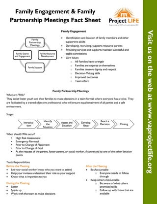 Family Engagement & Family
Partnership Meetings Fact Sheet
Visitusonthewebatwww.vaprojectlife.org
Family Engagement
 Identification and location of family members and other
supportive adults
 Developing, recruiting, supports resource parents
 Providing services and supports maintain successful and
stable connections
 Core Values
o All Families have strength
o Families are experts on themselves
o Families deserve dignity and respect
o Decision-Making skills
o Improved outcomes
o Team effort
Family Partnership Meetings
What are FPMs?
They assist foster youth and their families to make decisions in a team format where everyone has a voice. They
are facilitated by a trained objective professional who will ensure equal treatment of all parties and a safe
environment.
Stages:
When should FPMs occur?
• High Risk Assessment
• Emergency Removal
• Prior to Change of Placement
• Prior to Change of Goal
• At the request of the parent, foster parent, or social worker, if connected to one of the other decision
points
Youth Responsibilities
Before the Meeting
 Let your social worker know who you want to attend
 Help your invitees understand their role as your support
 Know what is important to you
During the Meeting
 Listen
 Speak up
 Work with the team to make decisions
Introduc-
tion
Identify
the
Situation
Assess the
Situation
Develop
Ideas
Reach a
Decision Closing
Family
Partnership
Meetings
Family Resource
Development
Family Support
Family Search
and Engagement
After the Meeting
 Be Accountable
o Everyone needs to follow
through
 Keep others Accountable
o Be aware of what others
promised to do
o Follow up with those that are
available
 