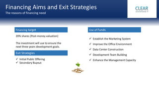 Financing Aims and Exit Strategies
The reasons of financing need
 Establish the Marketing System
 Improve the Office Environment
 Data Center Construction
 Development Team Building
 Enhance the Management Capacity
Use of Funds
20% shares (Post-money valuation)
The investment will use to ensure the
next three years development goals.
Financing target
Exit Strategies
 Initial Public Offering
 Secondary Buyout
 