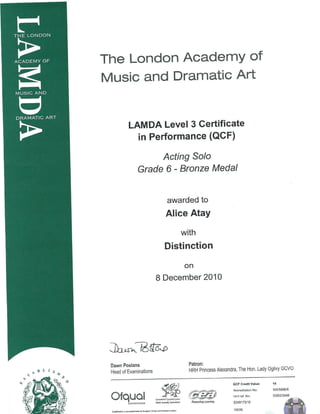 LAMDA Acting Solo Bronze Certificate
