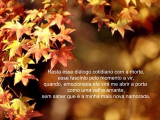 Resta esse diálogo cotidiano com a morte,
      esse fascínio pelo momento a vir,
 quando, emocionada ela virá me abrir a porta
          como uma velha amante,
sem saber que é a minha mais nova namorada.


                    Vinicius de Moraes
 