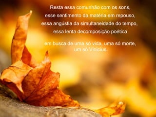 Resta essa comunhão com os sons,
 esse sentimento da matéria em repouso,
essa angústia da simultaneidade do tempo,
     essa lenta decomposição poética

 em busca de uma só vida, uma só morte,
             um só Vinicius.
 