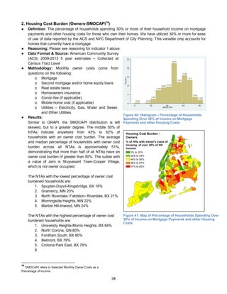 34
2. Housing Cost Burden (Owners-SMOCAPI14
)
● Definition: The percentage of households spending 30% or more of their household income on mortgage
payments and other housing costs for those who own their homes. We have utilized 30% or more for ease
of use of data reported by the ACS and NYC Department of City Planning. This variable only accounts for
homes that currently have a mortgage.
● Reasoning: Please see reasoning for indicator 1 above.
● Data Format & Source: American Community Survey
(ACS) 2009-2013 5 year estimates – Collected at
Census Tract Level
● Methodology: Monthly owner costs come from
questions on the following:
o Mortgage
o Second mortgage and/or home equity loans
o Real estate taxes
o Homeowners insurance
o Condo fee (if applicable)
o Mobile home cost (if applicable)
o Utilities – Electricity, Gas, Water and Sewer,
and Other Utilities.
● Results:
Similar to GRAPI, the SMOCAPI distribution is left
skewed, but to a greater degree. The middle 50% of
NTAs indicate anywhere from 43% to 62% of
households with an owner cost burden. The average
and median percentage of households with owner cost
burden across all NTAs is approximately 51%,
demonstrating that more than half of all NTAs have an
owner cost burden of greater than 50%. The outlier with
a value of zero is Stuyvesant Town-Cooper Village,
which is not owner occupied.
The NTAs with the lowest percentage of owner cost
burdened households are:
1. Spuyten-Duyvil-Kingsbridge, BX 16%
2. Gramercy, MN 20%
3. North Riverdale- Fieldston- Riverdale, BX 21%
4. Morningside Heights, MN 22%
5. Marble Hill-Inwood, MN 24%
The NTAs with the highest percentage of owner cost
burdened households are:
1. University Heights-Morris Heights, BX 84%
2. North Corona, QN 80%
3. Fordham South, BX 80%
4. Belmont, BX 79%
5. Crotona Park East, BX 76%
6.
14
SMOCAPI refers to Selected Monthly Owner Costs as a
Percentage of Income
Figure 40: Histogram - Percentage of Households
Spending Over 30% of Income on Mortgage
Payments and other Housing Costs
Housing Cost Burden -
Owners
% of HHs with owner's costs of
housing of over 30% of HH
income
0% to 32%
32% to 44%
44% to 56%
56% to 67%
67% to 82%
Figure 41: Map of Percentage of Households Spending Over
30% of Income on Mortgage Payments and other Housing
Costs
 