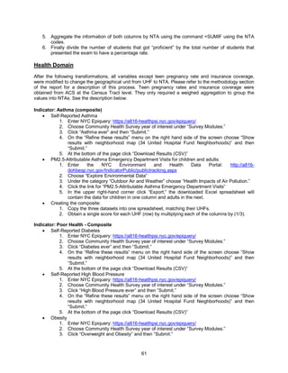 61
5. Aggregate the information of both columns by NTA using the command =SUMIF using the NTA
codes.
6. Finally divide the number of students that got “proficient” by the total number of students that
presented the exam to have a percentage rate.
Health Domain
After the following transformations, all variables except teen pregnancy rate and insurance coverage,
were modified to change the geographical unit from UHF to NTA. Please refer to the methodology section
of the report for a description of this process. Teen pregnancy rates and insurance coverage were
obtained from ACS at the Census Tract level. They only required a weighed aggregation to group the
values into NTAs. See the description below.
Indicator: Asthma (composite)
 Self-Reported Asthma
1. Enter NYC Epiquery: https://a816-healthpsi.nyc.gov/epiquery/
2. Choose Community Health Survey year of interest under “Survey Modules.”
3. Click “Asthma ever” and then “Submit.”
4. On the “Refine these results” menu on the right hand side of the screen choose “Show
results with neighborhood map (34 United Hospital Fund Neighborhoods)” and then
“Submit.”
5. At the bottom of the page click “Download Results (CSV)”
 PM2.5-Attributable Asthma Emergency Department Visits for children and adults:
1. Enter the NYC Environment and Health Data Portal: http://a816-
dohbesp.nyc.gov/IndicatorPublic/publictracking.aspx
2. Choose “Explore Environmental Data”
3. Under the category “Outdoor Air and Weather” choose “Health Impacts of Air Pollution.”
4. Click the link for “PM2.5-Attributable Asthma Emergency Department Visits”
5. In the upper right-hand corner click “Export;” the downloaded Excel spreadsheet will
contain the data for children in one column and adults in the next.
 Creating the composite:
1. Copy the three datasets into one spreadsheet, matching their UHFs.
2. Obtain a single score for each UHF (row) by multiplying each of the columns by (1/3).
Indicator: Poor Health - Composite
 Self-Reported Diabetes
1. Enter NYC Epiquery: https://a816-healthpsi.nyc.gov/epiquery/
2. Choose Community Health Survey year of interest under “Survey Modules.”
3. Click “Diabetes ever” and then “Submit.”
4. On the “Refine these results” menu on the right hand side of the screen choose “Show
results with neighborhood map (34 United Hospital Fund Neighborhoods)” and then
“Submit.”
5. At the bottom of the page click “Download Results (CSV)”
 Self-Reported High Blood Pressure
1. Enter NYC Epiquery: https://a816-healthpsi.nyc.gov/epiquery/
2. Choose Community Health Survey year of interest under “Survey Modules.”
3. Click “High Blood Pressure ever” and then “Submit.”
4. On the “Refine these results” menu on the right hand side of the screen choose “Show
results with neighborhood map (34 United Hospital Fund Neighborhoods)” and then
“Submit.”
5. At the bottom of the page click “Download Results (CSV)”
 Obesity
1. Enter NYC Epiquery: https://a816-healthpsi.nyc.gov/epiquery/
2. Choose Community Health Survey year of interest under “Survey Modules.”
3. Click “Overweight and Obesity” and then “Submit.”
 