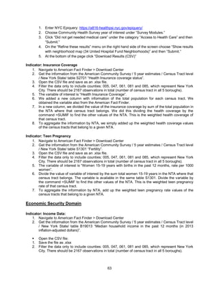 63
1. Enter NYC Epiquery: https://a816-healthpsi.nyc.gov/epiquery/
2. Choose Community Health Survey year of interest under “Survey Modules.”
3. Click “Did not get needed medical care” under the category “Access to Health Care” and then
“Submit.”
4. On the “Refine these results” menu on the right hand side of the screen choose “Show results
with neighborhood map (34 United Hospital Fund Neighborhoods)” and then “Submit.”
5. At the bottom of the page click “Download Results (CSV)”
Indicator: Insurance Coverage
1. Navigate to American Fact Finder > Download Center
2. Get the information from the American Community Survey / 5 year estimates / Census Tract level
/ New York State/ table S2701 “Health Insurance coverage status”.
3. Open the CSV file and save as an .xlsx file.
4. Filter the data only to include counties: 005, 047, 061, 081 and 085, which represent New York
City. There should be 2167 observations in total (number of census tract in all 5 boroughs).
5. The variable of interest is “Health Insurance Coverage”.
6. We added a new column with information of the total population for each census tract. We
obtained the variable also from the American Fact Finder.
7. In a new column, we divided the value of the insurance coverage by sum of the total population in
the NTA where that census tract belongs. We did this dividing the health coverage by the
command =SUMIF to find the other values of the NTA. This is the weighted health coverage of
that census tract.
8. To aggregate the information by NTA, we simply added up the weighted health coverage values
of the census tracts that belong to a given NTA.
Indicator: Teen Pregnancy
1. Navigate to American Fact Finder > Download Center
2. Get the information from the American Community Survey / 5 year estimates / Census Tract level
/ New York State/ table S1301 “Fertility”.
3. Open the CSV file and save as an .xlsx file.
4. Filter the data only to include counties: 005, 047, 061, 081 and 085, which represent New York
City. There should be 2167 observations in total (number of census tract in all 5 boroughs).
5. The variable of interest is “Women 15-19 years with births in the past 12 months, rate per 1000
women”.
6. Divide the value of variable of interest by the sum total women 15-19 years in the NTA where that
census tract belongs. The variable is available in the same table S1301. Divide the variable by
the command =SUMIF to find the other values of the NTA. This is the weighted teen pregnancy
rate of that census tract.
7. To aggregate the information by NTA, add up the weighted teen pregnancy rate values of the
census tracts that belong to a given NTA.
Economic Security Domain
Indicator: Income Data:
1. Navigate to American Fact Finder > Download Center
2. Get the information from the American Community Survey / 5 year estimates / Census Tract level
/ New York State/ table B19013 “Median household income in the past 12 months (in 2013
inflation-adjusted dollars)”.
 Open the CSV file:
1. Save the file as .xlsx
2. Filter the data only to include counties: 005, 047, 061, 081 and 085, which represent New York
City. There should be 2167 observations in total (number of census tract in all 5 boroughs).
 