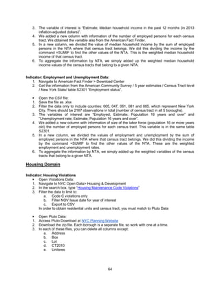 64
3. The variable of interest is “Estimate; Median household income in the past 12 months (in 2013
inflation-adjusted dollars)”.
4. We added a new column with information of the number of employed persons for each census
tract. We obtained the variable also from the American Fact Finder.
5. In a new column, we divided the value of median household income by the sum of employed
persons in the NTA where that census tract belongs. We did this dividing the income by the
command =SUMIF to find the other values of the NTA. This is the weighted median household
income of that census tract.
6. To aggregate the information by NTA, we simply added up the weighted median household
income values of the census tracts that belong to a given NTA.
Indicator: Employment and Unemployment Data:
1. Navigate to American Fact Finder > Download Center
2. Get the information from the American Community Survey / 5 year estimates / Census Tract level
/ New York State/ table S2301 “Employment status”.
 Open the CSV file:
1. Save the file as .xlsx
2. Filter the data only to include counties: 005, 047, 061, 081 and 085, which represent New York
City. There should be 2167 observations in total (number of census tract in all 5 boroughs).
3. The variables of interest are “Employed; Estimate; Population 16 years and over” and
“Unemployment rate; Estimate; Population 16 years and over”.
4. We added a new column with information of size of the labor force (population 16 or more years
old) the number of employed persons for each census tract. This variable is in the same table
S2301.
5. In a new column, we divided the values of employment and unemployment by the sum of
employed persons in the NTA where that census tract belongs. We did this dividing the income
by the command =SUMIF to find the other values of the NTA. These are the weighted
employment and unemployment rates.
6. To aggregate the information by NTA, we simply added up the weighted variables of the census
tracts that belong to a given NTA.
Housing Domain
Indicator: Housing Violations
 Open Violations Data:
1. Navigate to NYC Open Data> Housing & Development
2. In the search box, type “Housing Maintenance Code Violations”
3. Filter the data to limit to:
a. Code C violations only
b. Filter NOV Issue date for year of interest
c. Export to CSV
In order to obtain residential units and census tract, you must match to Pluto Data
 Open Pluto Data:
1. Access Pluto Download at NYC Planning Website
2. Download the zip file. Each borough is a separate file, so work with one at a time.
3. In each of these files, you can delete all columns except:
a. Address
b. Box
c. Lot
d. CT2010
e. Unitsres
 