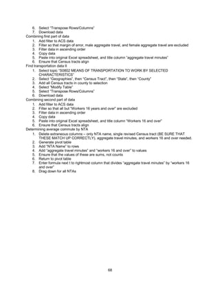68
6. Select “Transpose Rows/Columns”
7. Download data
Combining first part of data
1. Add filter to ACS data
2. Filter so that margin of error, male aggregate travel, and female aggregate travel are excluded
3. Filter data in ascending order
4. Copy data
5. Paste into original Excel spreadsheet, and title column “aggregate travel minutes”
6. Ensure that Census tracts align
Find transportation data II
1. Select topic “S0802 MEANS OF TRANSPORTATION TO WORK BY SELECTED
CHARACTERISTICS”
2. Select “Geographies”, then “Census Tract”, then “State”, then “County”
3. Add all Census tracts in county to selection
4. Select “Modify Table”
5. Select “Transpose Rows/Columns”
6. Download data
Combining second part of data
1. Add filter to ACS data
2. Filter so that all but “Workers 16 years and over” are excluded
3. Filter data in ascending order
4. Copy data
5. Paste into original Excel spreadsheet, and title column “Workers 16 and over”
6. Ensure that Census tracts align
Determining average commute by NTA
1. Delete extraneous columns – only NTA name, single revised Census tract (BE SURE THAT
THESE MATCH UP CORRECTLY), aggregate travel minutes, and workers 16 and over needed.
2. Generate pivot table
3. Add “NTA Name” to rows
4. Add “aggregate travel minutes” and “workers 16 and over” to values
5. Ensure that the values of these are sums, not counts
6. Return to pivot table
7. Enter formula next t to rightmost column that divides “aggregate travel minutes” by “workers 16
and over”
8. Drag down for all NTAs
 