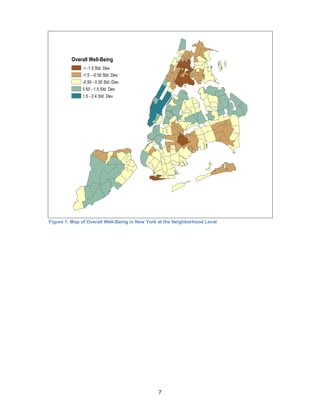 7
Figure 1: Map of Overall Well-Being in New York at the Neighborhood Level
Overall Well-Being
< -1.5 Std. Dev.
-1.5 - -0.50 Std. Dev.
-0.50 - 0.50 Std. Dev.
0.50 - 1.5 Std. Dev.
1.5 - 2.4 Std. Dev.
 