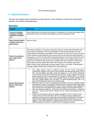 NYC CIDI SIPA Capstone
74
E. Rejected Indicators
The team also rejected certain indicators from other domains. Those indicators, as well as the reasoning for
rejection, are included in the tables below.
Education
Indicator Reasoning
Percent of students
proficient in English
and Math for grades 6
to 8
Since middle school and high school placement is dependent not on where one resides unlike
elementary schools, this indicator was rejected as a way of evaluating an NTA.
School Quality Reports
– Middle schools and
High Schools
Same as above.
Percent of population
with a high-school
diploma
High school completion, or its inverse, high school dropout, has also been traditionally used
as an indicator of education. ACS survey estimates for high school graduates in an area
include high-school diplomas or equivalent. These are given for every census tract and shown
in both numbers and percentage for every census tract over and above the total population in
the age group of 18-24. The idea behind using the age-group of 18-24 was to look at the most
vulnerable population who should have finished high school at 18 but clearly dropped out or
might drop out. However, after conducting a correlation with other indicators, it was noticed
that the data from this indicator didn’t match other indicators. For example, areas with a
higher number of high school grads had lower median income. As a result, it was decided to
only keep college graduates and disregard high school graduation.
School Quality Report
Rating – Elementary
Schools
 The quality reports consist of different ratings like the school environment,
achievement, progress, environment and closing the achievement gap rating. Out of
that, only the English and Math scores from grades 3, 4, and 5 were considered
since the data for the total of 653 schools did not see drastic variation among the
quality ratings and the 5 sub-indicators it consisted of. Almost 220 or so schools
were approaching target in the 4 sub-indicators (except the quality indicator which
saw only a slight variation from the trend). 130 were exceeding target, 250 or so
were meeting target and 30 were not meeting target.
 Moreover, three out of the five categories are related to the ELA and Math results
administered annually. The progress, achievement and closing the achievement gap
rating are based on total achievement in terms of ELA and Math scores, differences
from previous year and performance of weaker students and improvement therein.
 The two remaining categories - Environment and Quality were based on subjective
data from parental and student ratings and the survey administered from an
educator.
 Finally, the school quality ratings have been changed from 2013-14 when the last
review came out. Prior to that, from 2007-12, the ratings based on performance,
progress, environment and a peer-index were numerical or grade-based. This year’s
report had percentages of parental response which feed into school environment
category. This is also expected to undergo iterations for 2014-15. It would thus be a
difficult indicator to be used on a yearly basis if it undergoes iterations.
 