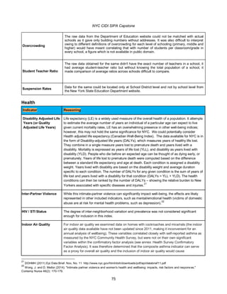 NYC CIDI SIPA Capstone
75
Health
Indicator Reasoning
Disability Adjusted Life
Years (or Quality
Adjusted Life Years)
Life expectancy (LE) is a widely used measure of the overall health of a population. It attempts
to estimate the average number of years an individual of a particular age can expect to live
given current mortality rates. LE has an overwhelming presence in other well-being indices;
however, this may not hold the same significance for NYC. We could potentially consider
Health adjusted life expectancy (Canadian Well-Being Index). The data available for NYC is in
the form of Disability-adjusted life years (DALYs), which measures years of healthy life lost.
They combine in a single measure years lost to premature death and years lived with a
disability. Mortality is expressed as years of life lost (YLL), and disability as years lived with
disability (YLD). People who die before an expected age can be thought of as dying early, or
prematurely. Years of life lost to premature death were computed based on the difference
between a standard life expectancy and age at death. Each condition is assigned a disability
weight. Years lived with disability are based on the disability weight and average duration
specific to each condition. The number of DALYs for any given condition is the sum of years of
life lost and years lived with a disability for that condition (DALYs = YLL + YLD). The health
conditions can then be ranked by the number of DALYs – showing the relative burden to New
Yorkers associated with specific diseases and injuries.
21
Inter-Partner Violence While this intimate-partner violence can significantly impact well-being, the effects are likely
represented in other included indicators, such as mental/emotional health (victims of domestic
abuse are at risk for mental health problems, such as depression).
22
HIV / STI Status The degree of inter-neighborhood variation and prevalence was not considered significant
enough for inclusion in this index.
Indoor Air Quality For indoor air quality we examined data on homes with cockroaches and mice/rats (the indoor
air quality data available have not been updated since 2011, making it inconvenient for an
annual analysis of wellbeing). These variables correlated closely with self-reported asthma as
measured by the NYC Community Health Survey, but were not on their own significant
variables within the confirmatory factor analysis (see annex: Health Survey Confirmatory
Factor Analysis). It was therefore determined that the composite asthma indicator can serve
as a proxy for overall air quality and the inclusion of indoor air quality would cause
21
DOHMH (2011) Epi Data Brief. Nov, No. 11 http://www.nyc.gov/html/doh/downloads/pdf/epi/databrief11.pdf
22
Wong, J. and D. Mellor (2014). "Intimate partner violence and women's health and wellbeing: impacts, risk factors and responses."
Contemp Nurse 46(2): 170-179.
Overcrowding
The raw data from the Department of Education website could not be matched with actual
schools as it gave only building numbers without addresses. It was also difficult to interpret
owing to different definitions of overcrowding for each level of schooling (primary, middle and
higher) would have meant correlating that with number of students per classroom/grade in
every school, a figure which is not available in public domain.
Student Teacher Ratio
The raw data obtained for the same didn't have the exact number of teachers in a school, it
had average student-teacher ratio but without knowing the total population of a school, it
made comparison of average ratios across schools difficult to compare.
Suspension Rates Data for the same could be located only at School District level and not by school level from
the New York State Education Department website.
 