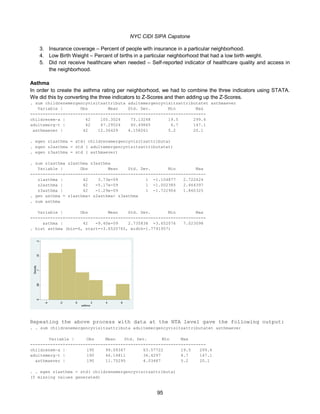 NYC CIDI SIPA Capstone
95
3. Insurance coverage – Percent of people with insurance in a particular neighborhood.
4. Low Birth Weight – Percent of births in a particular neighborhood that had a low birth weight.
5. Did not receive healthcare when needed – Self-reported indicator of healthcare quality and access in
the neighborhood.
Asthma
In order to create the asthma rating per neighborhood, we had to combine the three indicators using STATA.
We did this by converting the three indicators to Z-Scores and then adding up the Z-Scores.
. sum childrenemergencyvisitsattributa adultemergencyvisitsattributatet asthmaever
Variable | Obs Mean Std. Dev. Min Max
-------------+--------------------------------------------------------
childrenem~a | 42 100.3024 73.13248 19.5 299.4
adultemerg~t | 42 47.29524 40.49865 6.7 147.1
asthmaever | 42 12.36429 4.158261 5.2 20.1
. egen z1asthma = std( childrenemergencyvisitsattributa)
. egen z2asthma = std ( adultemergencyvisitsattributatet)
. egen z3asthma = std ( asthmaever)
. sum z1asthma z2asthma z3asthma
Variable | Obs Mean Std. Dev. Min Max
-------------+--------------------------------------------------------
z1asthma | 42 3.73e-09 1 -1.104877 2.722424
z2asthma | 42 -5.17e-09 1 -1.002385 2.464397
z3asthma | 42 -1.29e-09 1 -1.722904 1.860325
. gen asthma = z1asthma+ z2asthma+ z3asthma
. sum asthma
Variable | Obs Mean Std. Dev. Min Max
-------------+--------------------------------------------------------
asthma | 42 -9.40e-09 2.735838 -3.652076 7.023098
. hist asthma (bin=6, start=-3.6520765, width=1.7791957)
Repeating the above process with data at the NTA level gave the following output:
. . sum childrenemergencyvisitsattributa adultemergencyvisitsattributatet asthmaever
Variable | Obs Mean Std. Dev. Min Max
-------------+--------------------------------------------------------
childrenem~a | 190 99.09347 63.57722 19.5 299.4
adultemerg~t | 190 46.14811 36.4297 6.7 147.1
asthmaever | 190 11.75295 4.03487 5.2 20.1
. . egen z1asthma = std( childrenemergencyvisitsattributa)
(5 missing values generated)
 