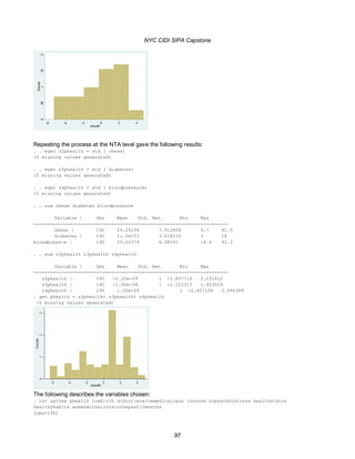 NYC CIDI SIPA Capstone
97
Repeating the process at the NTA level gave the following results:
. . egen z2phealth = std ( obese)
(5 missing values generated)
. . egen z3phealth = std ( diabetes)
(5 missing values generated)
. . egen z4phealth = std ( bloodpressure)
(5 missing values generated)
. . sum obese diabetes bloodpressure
Variable | Obs Mean Std. Dev. Min Max
-------------+--------------------------------------------------------
obese | 190 24.24158 7.912856 9.7 41.9
diabetes | 190 11.04153 3.618533 3 18
bloodpress~e | 190 29.55374 6.08591 14.6 42.3
. . sum z2phealth z3phealth z4phealth
Variable | Obs Mean Std. Dev. Min Max
-------------+--------------------------------------------------------
z2phealth | 190 -2.20e-09 1 -1.837716 2.231612
z3phealth | 190 -1.00e-08 1 -2.222317 1.923009
z4phealth | 190 1.00e-09 1 -2.457108 2.094389
. gen phealth = z2phealth+ z3phealth+ z4phealth
(5 missing values generated)
The following describes the variables chosen:
. cor asthma phealth lowbirth didnotreceivemedicalcare insured nopsychdistress healthstatus
healthyhabits womenwithbirthsinthepast12months
(obs=190)
 