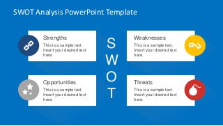 SWOT Analysis PowerPoint Template 
S 
W 
O 
T 
This is a sample text. Insert your desired text here. 
This is a sample text. Insert your desired text here. 
This is a sample text. Insert your desired text here. 
This is a sample text. Insert your desired text here. 
Strengths 
Weaknesses 
Opportunities 
Threats  