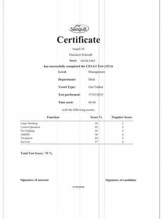 born: 04/0411963
has successfully complete the CES 4.1 est (15) in
ILevel: Manage ent
Certi lcat
Seagu 1AS
Theodore Schmidt
Department: Deck
Vessel Type:
Test performed]
Time used:
Score 0/0 Negative Score
Total Test Score: 70 %
Signature of assessor
Cargo Handling
Control Operation
Fire Fighting
GMDSS
Navigation
Survival
60:48
with the folIo mg scores:
Function
17/03/ 010
58
80
86
58
80
57
o
o
o
o
o
o
Signature of candidate
 