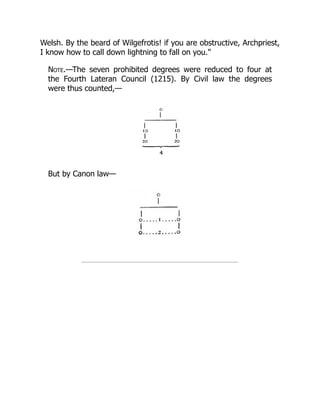 Welsh. By the beard of Wilgefrotis! if you are obstructive, Archpriest,
I know how to call down lightning to fall on you."
Note.—The seven prohibited degrees were reduced to four at
the Fourth Lateran Council (1215). By Civil law the degrees
were thus counted,—
But by Canon law—
 