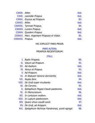 CXXIX. Aliter. ibid.
CXXX. Leonidæ Priapus. ibid.
CXXXI. Erycius ad Priapum. 83.
CXXXII. Aliter. ibid.
CXXXIII. Tymnæi Priapus. 84.
CXXXIV. Luciani Priapus. ibid.
CXXXV. Ejusdem Priapus. ibid.
CXXXVI. Marc. Argentarii Priapues et Viator. 85.
CXXXVII. Priapus. ibid.
HIC EXPLICIT PARS PRIOR.
PARS ALTERA.
PRIAPEIA RECENTIORUM.
ITALI.
I. Radix Priapeia. 89.
II. Votum ad Priapum. 92.
III. Ad Asellum. ibid.
IV. Venus et Priapus. 93.
V. Ad Priapum. ibid.
VI. In Statuam Veneris dormientis. ibid.
VII. Nupta Seni. 94.
VIII. De Ursâ super incubante. ibid.
IX. De Corvino. 95.
X. Epitaphium Pegasi Claudi pædiconis. ibid.
XI. In Mamurianum. 96.
XII. In Lentulum mollem. ibid.
XIII. In Lupium pædiconem. ibid.
XIV. Quare Ursus caudâ caret. 97.
XV. De Ursâ, ad Arispam. ibid.
XVI. Epitaphium Nichinæ Flandrensis, scorti egregii. 98.
 