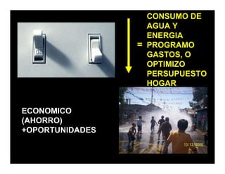 CONSUMO DE
                   AGUA Y
                   ENERGIA
                 = PROGRAMO
                   GASTOS, O
                   OPTIMIZO
                   PERSUPUESTO
                   HOGAR


ECONOMICO
(AHORRO)
+OPORTUNIDADES
 