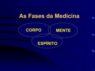 As Fases da Medicina

  CORPO      MENTE


      ESPÍRITO
 