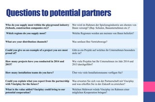 Questionstopotentialpartners
Who do you supply most within the playground industry
(Schools, construction companies etc)?
Wer wird im Rahmen der Spielzeugindustrie am ehesten von
Ihnen versorgt? (Bsp. Schulen, Bauunternehmen etc.)?
Which regions do you supply most? Welche Regionen werden am meisten von Ihnen beliefert?
What are your distribution channels? Was umfasst Ihre Vertriebswege?
Could you give us an example of a project you are most
proud of?
Gibt es ein Projekt auf welches ihr Unternehmen besonders
stolz ist?
How many projects have you conducted in 2014 and
2015?
Wie viele Projekte hat Ihr Unternehmen im Jahr 2014 und
2015 durchgeführt?
How many installation teams do you have? Über wie viele Installationsteams verfügen Sie?
Could you explain what you expect from the partnership
with Vinciplay for the future?
Was erwarten Sie sich von der Partnerschaft mit Vinciplay
und was erhoffen Sie in der Zukunft zu erreichen?
What is the value added Vinciplay could bring to our
potential cooperation?
Welchen Mehrwert würde Vinciplay im Rahmen einer
möglichen Kooperation bringen?
 