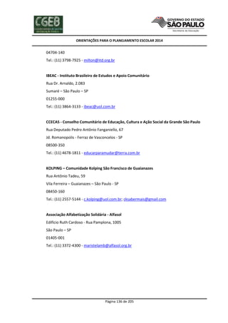 ORIENTAÇÕES PARA O PLANEJAMENTO ESCOLAR 2014
Página 136 de 205
04704-140
Tel.: (11) 3798-7925 - milton@itd.org.br
IBEAC - Instituto Brasileiro de Estudos e Apoio Comunitário
Rua Dr. Arnaldo, 2.083
Sumaré – São Paulo – SP
01255-000
Tel.: (11) 3864-3133 - ibeac@uol.com.br
CCECAS - Conselho Comunitário de Educação, Cultura e Ação Social da Grande São Paulo
Rua Deputado Pedro Antônio Fanganiello, 67
Jd. Romanopolis - Ferraz de Vasconcelos - SP
08500-350
Tel.: (11) 4678-1811 - educarparamudar@terra.com.br
KOLPING – Comunidade Kolping São Francisco de Guaianazes
Rua Antônio Tadeu, 59
Vila Ferreira – Guaianazes – São Paulo - SP
08450-160
Tel.: (11) 2557-5144 - c.kolping@uol.com.br; cksabermais@gmail.com
Associação Alfabetização Solidária - Alfasol
Edifício Ruth Cardoso - Rua Pamplona, 1005
São Paulo – SP
01405-001
Tel.: (11) 3372-4300 - maristelamb@alfasol.org.br
 