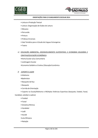 ORIENTAÇÕES PARA O PLANEJAMENTO ESCOLAR 2014
Página 182 de 205
• Leitura e Produção Textual
• Leitura: Organização de Clubes de Leitura
• Mosaico
• Percussão
• Pintura
• Práticas Circenses
• Sala Temática para o Estudo de Línguas Estrangeiras
• Teatro
e) EDUCAÇÃO AMBIENTAL, DESENVOLVIMENTO SUSTENTÁVEL E ECONOMIA SOLIDÁRIA E
CRIATIVA/EDUCAÇÃO ECONÔMICA
•Horta Escolar e/ou Comunitária
• Jardinagem Escolar
•Economia Solidária e Criativa /Educação Econômica
f) ESPORTE E LAZER
• Atletismo
•Badminton
• Basquete de Rua
• Basquete
• Corrida de Orientação
• Esporte na Escola/Atletismo e Múltiplas Vivências Esportivas (basquete, futebol, futsal,
handebol, voleibol e xadrez)
• Futebol
• Futsal
• Ginástica Rítmica
• Handebol
• Judô
• Karatê
•Luta Olímpica
• Natação
 