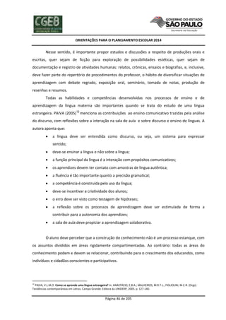 ORIENTAÇÕES PARA O PLANEJAMENTO ESCOLAR 2014
Página 46 de 205
Nesse sentido, é importante propor estudos e discussões a respeito de produções orais e
escritas, quer sejam de ficção para exploração de possibilidades estéticas, quer sejam de
documentação e registro de atividades humanas: relatos, crônicas, ensaios e biografias, e, inclusive,
deve fazer parte do repertório de procedimentos do professor, o hábito de diversificar situações de
aprendizagem com debate regrado, exposição oral, seminário, tomada de notas, produção de
resenhas e resumos.
Todas as habilidades e competências desenvolvidas nos processos de ensino e de
aprendizagem da língua materna são importantes quando se trata do estudo de uma língua
estrangeira. PAIVA (2005)12
menciona as contribuições ao ensino comunicativo trazidas pela análise
do discurso, com reflexões sobre a interação na sala de aula e sobre discurso e ensino de línguas. A
autora aponta que:
 a língua deve ser entendida como discurso, ou seja, um sistema para expressar
sentido;
 deve-se ensinar a língua e não sobre a língua;
 a função principal da língua é a interação com propósitos comunicativos;
 os aprendizes devem ter contato com amostras de língua autêntica;
 a fluência é tão importante quanto a precisão gramatical;
 a competência é construída pelo uso da língua;
 deve-se incentivar a criatividade dos alunos;
 o erro deve ser visto como testagem de hipóteses;
 a reflexão sobre os processos de aprendizagem deve ser estimulada de forma a
contribuir para a autonomia dos aprendizes;
 a sala de aula deve propiciar a aprendizagem colaborativa.
O aluno deve perceber que a construção do conhecimento não é um processo estanque, com
os assuntos divididos em áreas rigidamente compartimentadas. Ao contrário: todas as áreas do
conhecimento podem e devem se relacionar, contribuindo para o crescimento dos educandos, como
indivíduos e cidadãos conscientes e participativos.
12
PAIVA, V.L.M.O. Como se aprende uma língua estrangeira? In: ANASTÁCIO, E.B.A.; MALHEIROS, M.R.T.L.; FIGLIOLINI, M.C.R. (Orgs).
Tendências contemporâneas em Letras. Campo Grande: Editora da UNIDERP, 2005. p. 127-140.
 