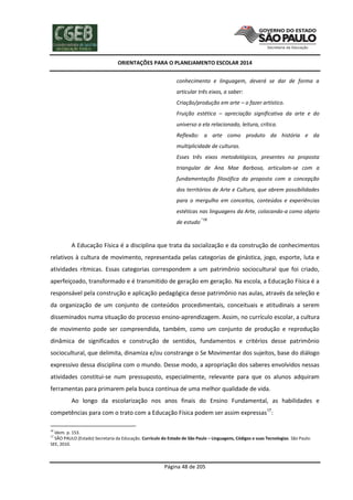 ORIENTAÇÕES PARA O PLANEJAMENTO ESCOLAR 2014
Página 48 de 205
conhecimento e linguagem, deverá se dar de forma a
articular três eixos, a saber:
Criação/produção em arte – o fazer artístico.
Fruição estética – apreciação significativa da arte e do
universo a ela relacionado, leitura, crítica.
Reflexão: a arte como produto da história e da
multiplicidade de culturas.
Esses três eixos metodológicos, presentes na proposta
triangular de Ana Mae Barbosa, articulam-se com a
fundamentação filosófica da proposta com a concepção
dos territórios de Arte e Cultura, que abrem possibilidades
para o mergulho em conceitos, conteúdos e experiências
estéticas nas linguagens da Arte, colocando-a como objeto
de estudo
.”16
A Educação Física é a disciplina que trata da socialização e da construção de conhecimentos
relativos à cultura de movimento, representada pelas categorias de ginástica, jogo, esporte, luta e
atividades rítmicas. Essas categorias correspondem a um patrimônio sociocultural que foi criado,
aperfeiçoado, transformado e é transmitido de geração em geração. Na escola, a Educação Física é a
responsável pela construção e aplicação pedagógica desse patrimônio nas aulas, através da seleção e
da organização de um conjunto de conteúdos procedimentais, conceituais e atitudinais a serem
disseminados numa situação do processo ensino-aprendizagem. Assim, no currículo escolar, a cultura
de movimento pode ser compreendida, também, como um conjunto de produção e reprodução
dinâmica de significados e construção de sentidos, fundamentos e critérios desse patrimônio
sociocultural, que delimita, dinamiza e/ou constrange o Se Movimentar dos sujeitos, base do diálogo
expressivo dessa disciplina com o mundo. Desse modo, a apropriação dos saberes envolvidos nessas
atividades constitui-se num pressuposto, especialmente, relevante para que os alunos adquiram
ferramentas para primarem pela busca contínua de uma melhor qualidade de vida.
Ao longo da escolarização nos anos finais do Ensino Fundamental, as habilidades e
competências para com o trato com a Educação Física podem ser assim expressas17
:
16
Idem. p. 153.
17
SÃO PAULO (Estado) Secretaria da Educação. Currículo do Estado de São Paulo – Linguagens, Códigos e suas Tecnologias. São Paulo:
SEE, 2010.
 