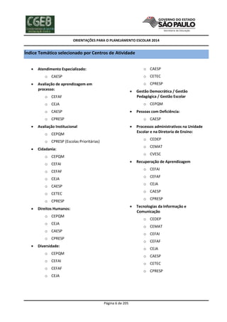 ORIENTAÇÕES PARA O PLANEJAMENTO ESCOLAR 2014
Página 6 de 205
Índice Temático selecionado por Centros de Atividade
 Atendimento Especializado:
o CAESP
 Avaliação de aprendizagem em
processo:
o CEFAF
o CEJA
o CAESP
o CPRESP
 Avaliação Institucional
o CEPQM
o CPRESP (Escolas Prioritárias)
 Cidadania:
o CEPQM
o CEFAI
o CEFAF
o CEJA
o CAESP
o CETEC
o CPRESP
 Direitos Humanos:
o CEPQM
o CEJA
o CAESP
o CPRESP
 Diversidade:
o CEPQM
o CEFAI
o CEFAF
o CEJA
o CAESP
o CETEC
o CPRESP
 Gestão Democrática / Gestão
Pedagógica / Gestão Escolar
o CEPQM
 Pessoas com Deficiência:
o CAESP
 Processos administrativos na Unidade
Escolar e na Diretoria de Ensino:
o CEDEP
o CEMAT
o CVESC
 Recuperação de Aprendizagem
o CEFAI
o CEFAF
o CEJA
o CAESP
o CPRESP
 Tecnologias da Informação e
Comunicação
o CEDEP
o CEMAT
o CEFAI
o CEFAF
o CEJA
o CAESP
o CETEC
o CPRESP
 