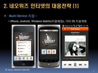 2. 네오위즈 인터넷의 대응전략 (1)
   Multi Device 지원 :
    • iPhone, Android, Windows Mobile(지원예정), 기타 OS 지원계획




© 2010, neowiz internet                                   5
 