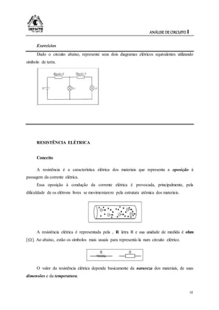 ANÁLISE DE CIRCUITO I
10
Exercícios
Dado o circuito abaixo, represente seus dois diagramas elétricos equivalentes utilizando
símbolo de terra.
RESISTÊNCIA ELÉTRICA
Conceito
A resistência é a característica elétrica dos materiais que representa a oposição à
passagem da corrente elétrica.
Essa oposição à condução da corrente elétrica é provocada, principalmente, pela
dificuldade de os elétrons livres se movimentarem pela estrutura atômica dos materiais.
A resistência elétrica é representada pela , R letra R e sua unidade de medida é ohm
[]. Ao abaixo, estão os símbolos mais usuais para representá-la num circuito elétrico.
O valor da resistência elétrica depende basicamente da natureza dos materiais, de suas
dimensões e da temperatura.
 