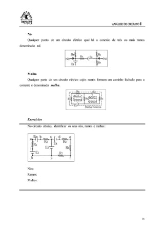 ANÁLISE DE CIRCUITO I
16
Nó
Qualquer ponto de um circuito elétrico qual há a conexão de três ou mais ramos
denominado nó.
Malha
Qualquer parte de um circuito elétrico cujos ramos formam um caminho fechado para a
corrente é denominada malha.
Exercícios
No circuito abaixo, identificar os seus nós, ramos e malhas:
Nós:
Ramos:
Malhas:
 