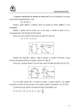 ANÁLISE DE CIRCUITO I
35
A equação característica do gerador de tensão real leva em consideração essa perda
sendo descrita matematicamente como:
VS = E – Ri . I
Portanto, quanto menor a resistência interna do gerador de tensão, melhor é o seu
desempenho.
Quando o gerador está em aberto, isto é, sem carga, a corrente de saída é zero e,
consequentemente, não há perda de tensão interna.
Nesse caso, toda a tensão E está presente na saída (VS = E), pois:
VS = E – Ri . 0 VS =E
Quando uma carga RL é ligada à saída do gerador, a corrente I fornecida à carga
provoca uma queda de tensão na resistência interna (Vi = Ri . I).
Nesse caso, a perda de tensão Vi faz com que a tensão de saída seja menor (VS= E - Vi).
No caso limite, quando RL = 0 (saída em curto), o gerador fornece a sua máxima
corrente ICC (corrente de curto-circuito), mas a tensão na saída é, obviamente, zero (VS = 0).
A corrente de curto-circuito do gerador de tensão é determinada por:
VS =E – Ri . I 0 = E – Ri . ICC  ICC =
iR
E
 