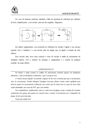 ANÁLISE DE CIRCUITO I
9
No caso da lanterna, podemos substituir a linha do potencial de referência por símbolos
de terra, simplificando o seu circuito para um dos seguintes diagramas:
Em muitos equipamentos, esse potencial de referência do circuito é ligado à sua carcaça
(quando esta é metálica) e a um terceiro pino do plugue que vai ligado à tomada da rede
elétrica.
Esse terceiro pino serve para conectar o terra do circuito à malha de aterramento da
instalação elétrica, com o objetivo de proteger o equipamento e o usuário de qualquer
acúmulo de carga elétrica.
ATERRAMENTO JÁ?
No Brasil, é muito comum as malhas de aterramento existirem apenas em instalações
industriais, e não em instalações residenciais, o que é um grave erro.
A "norma técnica popular" recomenda a ligação do fio terra à torneira para que o encanamento
sirva de aterramento. Grande bobagem! Qualquer descarga elétrica estaria sendo espalhada para
diversos pontos do encanamento residencial, sem contar que há vários anos os canos de ferro estão
sendo substituídos por canos de PVC, que é um isolante.
Nos computadores, simplesmente corta-se o pino terra do plugue, já que a maioria das tomadas
residenciais têm apenas dois pontos de conexão (fase e neutro). Já inventaram até o "adaptador" de
plugue de três para dois pinos.
Temos que mudar isso!
 