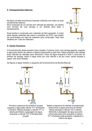 2. Componentes básicos



Na figura ao lado encontra-se ilustrada a Bomba com todos os seus
componentes básicos.
Ela é composta de um circuito com válvulas de retenção, um cilindro
com formato de uma seringa e um êmbolo para fazer o
bombeamento.

Essa bomba é construída com materiais de fácil aquisição. A maior
parte desses materiais são tubos e conexões em PVC, que podem
ser encontrados em lojas de materiais para construção. Veja mais
detalhes em "Lista de materiais".


3. Como funciona
O funcionamento dessa bomba é bem simples. Funciona como uma seringa gigante, sugando
a água para dentro do cilindro e depois empurrando-a para fora. Nesse processo são usadas
duas válvulas de retenção para direcionar o fluxo da água enquanto é feito o vai-e-vem do
êmbolo da seringa. Assim a água entra por uma válvula e sai por outra, sendo forçada a
seguir uma única direção.

As figuras a seguir ilustram o esquema de funcionamento da Bomba Manual.




  Primeiro a alavanca do êmbolo é puxada                 Depois a alavanca do êmbolo é pressionada,
sugando a água pela válvula "V1" (enchendo                empurrando a água para fora do cilindro.
 o cilindro). Nessa situação a válvula "V1" é               Nessa situação a válvula "V2" é aberta,
  aberta permitindo a passagem da água,                    liberando a passagem da água que será
   enquanto a válvula "V2" é fechada pela                 empurrada para cima enquanto a válvula
                   sucção.                               "V1" é fechada (pela pressão), impedindo o
                                                                       retorno da água.

  Sociedade do Sol - Manual de instrução e montagem experimental da Bomba de Água Manual        4
 