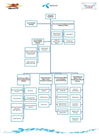 CEO
ChiefFinance Officer /
Vice PresidentFinance
Division
Business Planning &
Finance
Accounts
Procurement
Treasury and
FinancialOperations
Revenue Assurance
& Fraud
Management
Audit and Internal
Control
Credit Control
ChiefInformation
Officer / Vice
President ITDivision
Business Support
System
IT Operations
ITSecurity
ChiefTechnical Officer
/ Vice President
Technical Division
Network Planning
& Design
Implementation
Operations &
Maintenance
Real Estate& Site
Acquisition
ChiefMarketing
Officer / Vice
President Commercial
Division
Sales &
Distribution
Marketing
Customer
Relations
Segments &
Pricing
Products &
Platforms
Vice President
Strategy Executive Vice PresidentCorporate&
Regulatory Affairs
Regulatory &
Interconnect
Legal Affairs
Public &
Government
Affairs
Corporate
Communications
Vice President
Human Capital
Division
People Excellence&
Business Process
Improvement
Safetyand
Security
Organizational
Support Services
 