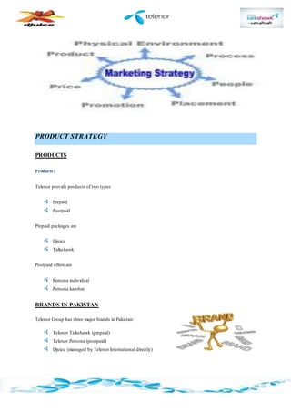 PRODUCT STRATEGY
PRODUCTS
Products:
Telenor provide products of two types
Prepaid
Postpaid
Prepaid packages are
Djuice
Talkshawk
Postpaid offers are
Persona individual
Persona karobar
BRANDS IN PAKISTAN
Telenor Group has three major brands in Pakistan:
Telenor Talkshawk (prepaid)
Telenor Persona (postpaid)
Djuice (managed by Telenor International directly)
 