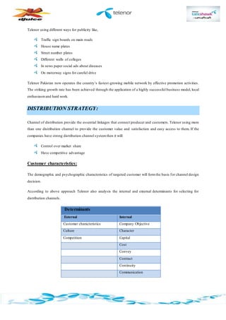 Telenor using different ways for publicity like,
Traffic sign boards on main roads
House name plates
Street number plates
Different walls of colleges
In news paper social ads about diseases
On motorway signs for careful drive
Telenor Pakistan now operates the country’s fastest-growing mobile network by effective promotion activities.
The striking growth rate has been achieved through the application of a highly successful business model, local
enthusiasmand hard work.
DISTRIBUTION STRATEGY:
Channel of distribution provide the essential linkages that connect producer and customers. Telenor using more
than one distribution channel to provide the customer value and satisfaction and easy access to them. If the
companies have strong distribution channel system then it will:
Control over market share
Have competitive advantage
Customer characteristics:
The demographic and psychographic characteristics of targeted customer will formthe basis for channel design
decision.
According to above approach Telenor also analysis the internal and external determinants for selecting for
distribution channels.
Determinants
External Internal
Customer characteristics Company Objective
Culture Character
Competition Capital
Cost
Convey
Contract
Continuity
Communication
 