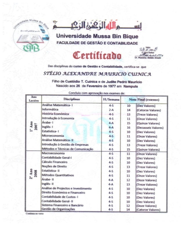 Certificado de Habilitações _ Licenciatura Stélio Cuinica