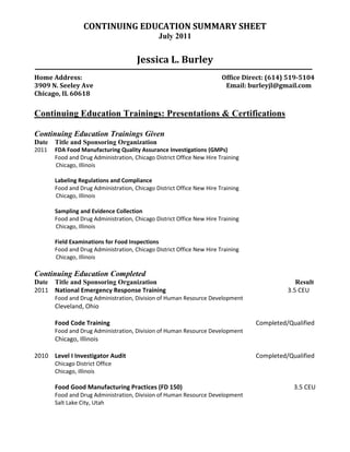 CONTINUING EDUCATION SUMMARY SHEET
July 2011
Jessica L. Burley
Home Address: Office Direct: (614) 519-5104
3909 N. Seeley Ave Email: burleyjl@gmail.com
Chicago, IL 60618
Continuing Education Trainings: Presentations & Certifications
Continuing Education Trainings Given
Date Title and Sponsoring Organization
2011 FDA Food Manufacturing Quality Assurance Investigations (GMPs)
Food and Drug Administration, Chicago District Office New Hire Training
Chicago, Illinois
Labeling Regulations and Compliance
Food and Drug Administration, Chicago District Office New Hire Training
Chicago, Illinois
Sampling and Evidence Collection
Food and Drug Administration, Chicago District Office New Hire Training
Chicago, Illinois
Field Examinations for Food Inspections
Food and Drug Administration, Chicago District Office New Hire Training
Chicago, Illinois
Continuing Education Completed
Date Title and Sponsoring Organization Result
2011 National Emergency Response Training 3.5 CEU
Food and Drug Administration, Division of Human Resource Development
Cleveland, Ohio
Food Code Training Completed/Qualified
Food and Drug Administration, Division of Human Resource Development
Chicago, Illinois
2010 Level I Investigator Audit Completed/Qualified
Chicago District Office
Chicago, Illinois
Food Good Manufacturing Practices (FD 150) 3.5 CEU
Food and Drug Administration, Division of Human Resource Development
Salt Lake City, Utah
 