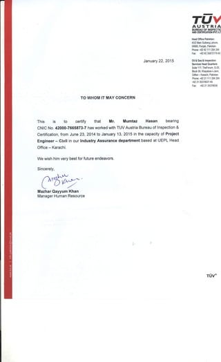 Experience Certificate- Mumtaz Hassan