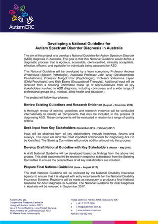 Developing a National Guideline for
Autism Spectrum Disorder Diagnosis in Australia
The aim of this project is to develop a National Guideline for Autism Spectrum Disorder
(ASD) diagnosis in Australia. The goal is that this National Guideline would define a
diagnostic process that is rigorous, accessible, client-centred, clinically acceptable,
effective, efficient, and equitable for individuals being assessed for ASD.
This National Guideline will be developed by a team comprising Professor Andrew
Whitehouse (Speech Pathologist), Associate Professor John Wray (Developmental
Paediatrician), Professor Margot Prior (Psychologist), Professor Valsamma Eapen
(Child Psychiatrist) and Kiah Evans (Occupational Therapist). Additional input will be
received from a Steering Committee made up of representatives from all key
stakeholders involved in ASD diagnosis, including consumers and a wide range of
professional groups (e.g. medical, allied health and education).
The project will follow four phases:
Review Existing Guidelines and Research Evidence (August – November 2016)
A thorough review of existing guidelines and research evidence will be conducted
internationally to identify all components that may be included in the process of
diagnosing ASD. These components will be evaluated in relation to a range of quality
criteria.
Seek Input from Key Stakeholders (December 2016 – February 2017)
Input will be obtained from all key stakeholders through interviews, forums and
surveys. This input will allow the most important components for diagnosing ASD to
be identified. The Steering Committee will provide additional input into this process.
Develop Draft National Guideline with Key Stakeholders (March – May 2017)
A draft National Guideline will be developed based on findings from the above two
phases. This draft document will be revised in response to feedback from the Steering
Committee to ensure the perspectives of all key stakeholders are included.
Prepare Final National Guideline (June – August 2017)
The draft National Guideline will be reviewed by the National Disability Insurance
Agency to ensure that it is aligned with entry requirements for the National Disability
Insurance Scheme. Revisions will be made as necessary to produce a final National
Guideline for ASD Diagnosis in Australia. The National Guideline for ASD Diagnosis
in Australia will be released in September 2017.
 