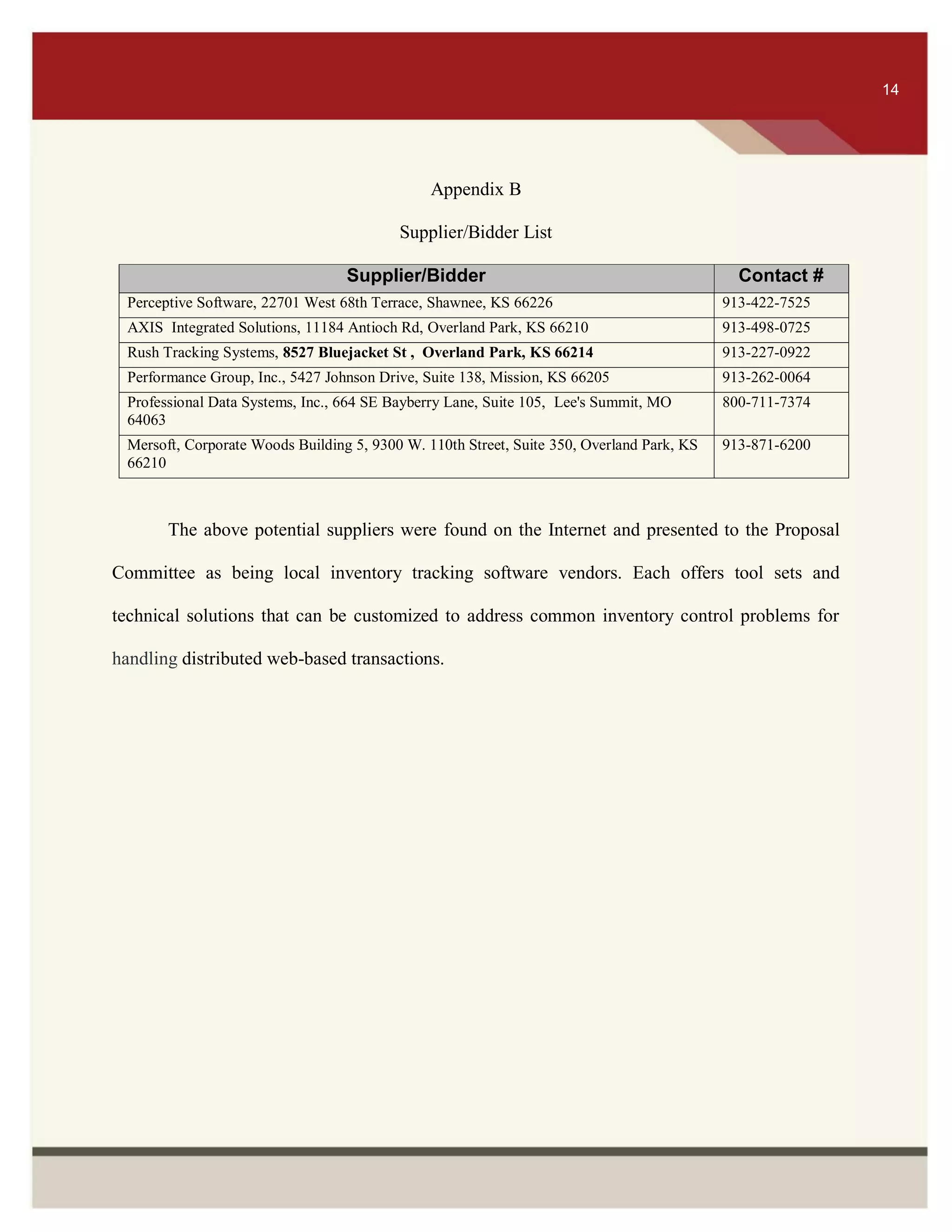 ITS 14
Appendix B
Supplier/Bidder List
Supplier/Bidder Contact #
Perceptive Software, 22701 West 68th Terrace, Shawnee, KS 66226 913-422-7525
AXIS Integrated Solutions, 11184 Antioch Rd, Overland Park, KS 66210 913-498-0725
Rush Tracking Systems, 8527 Bluejacket St , Overland Park, KS 66214 913-227-0922
Performance Group, Inc., 5427 Johnson Drive, Suite 138, Mission, KS 66205 913-262-0064
Professional Data Systems, Inc., 664 SE Bayberry Lane, Suite 105, Lee's Summit, MO
64063
800-711-7374
Mersoft, Corporate Woods Building 5, 9300 W. 110th Street, Suite 350, Overland Park, KS
66210
913-871-6200
The above potential suppliers were found on the Internet and presented to the Proposal
Committee as being local inventory tracking software vendors. Each offers tool sets and
technical solutions that can be customized to address common inventory control problems for
handling distributed web-based transactions.
14
 